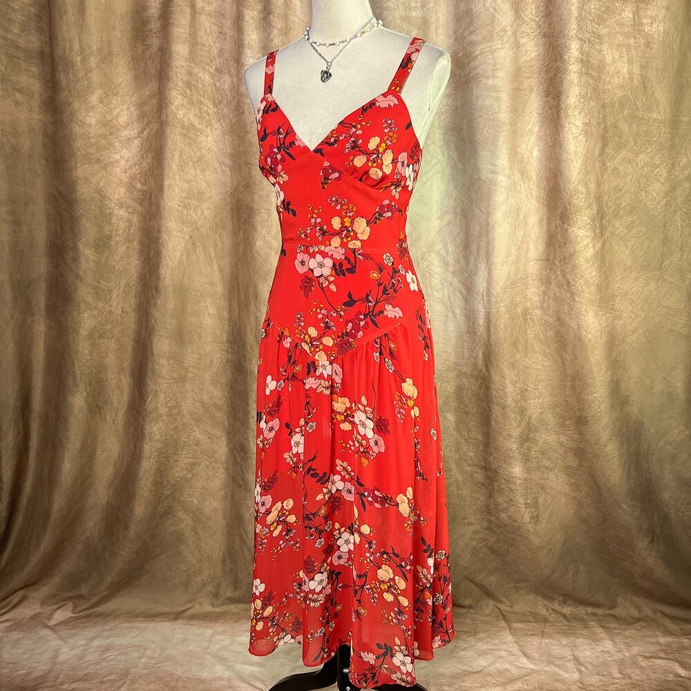 Floral Midi Dress Red Sleeveless Fitted Bodice Chiffon Skirt Sheer Cooper ST